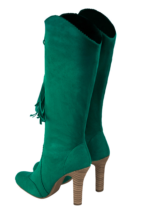 Emerald green women's cowboy boots. Round toe. Very high kitten heels. Made to measure. Rear view - Florence KOOIJMAN